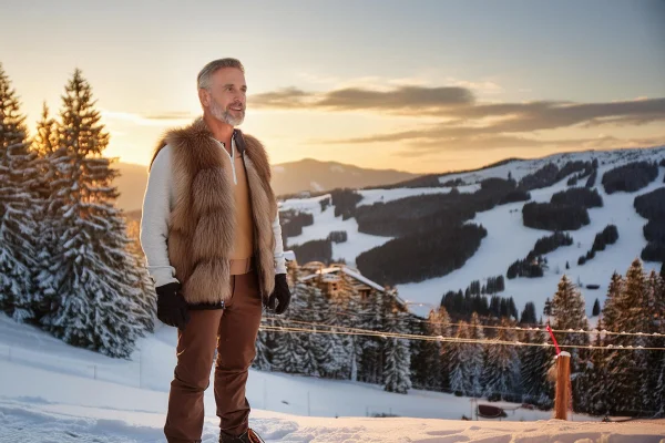 fur leather vest and snow